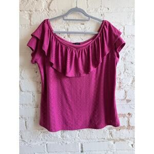 Lane Bryant Purple Eyelet Ruffle Neck Blouse Size 14 16 Stretch Top